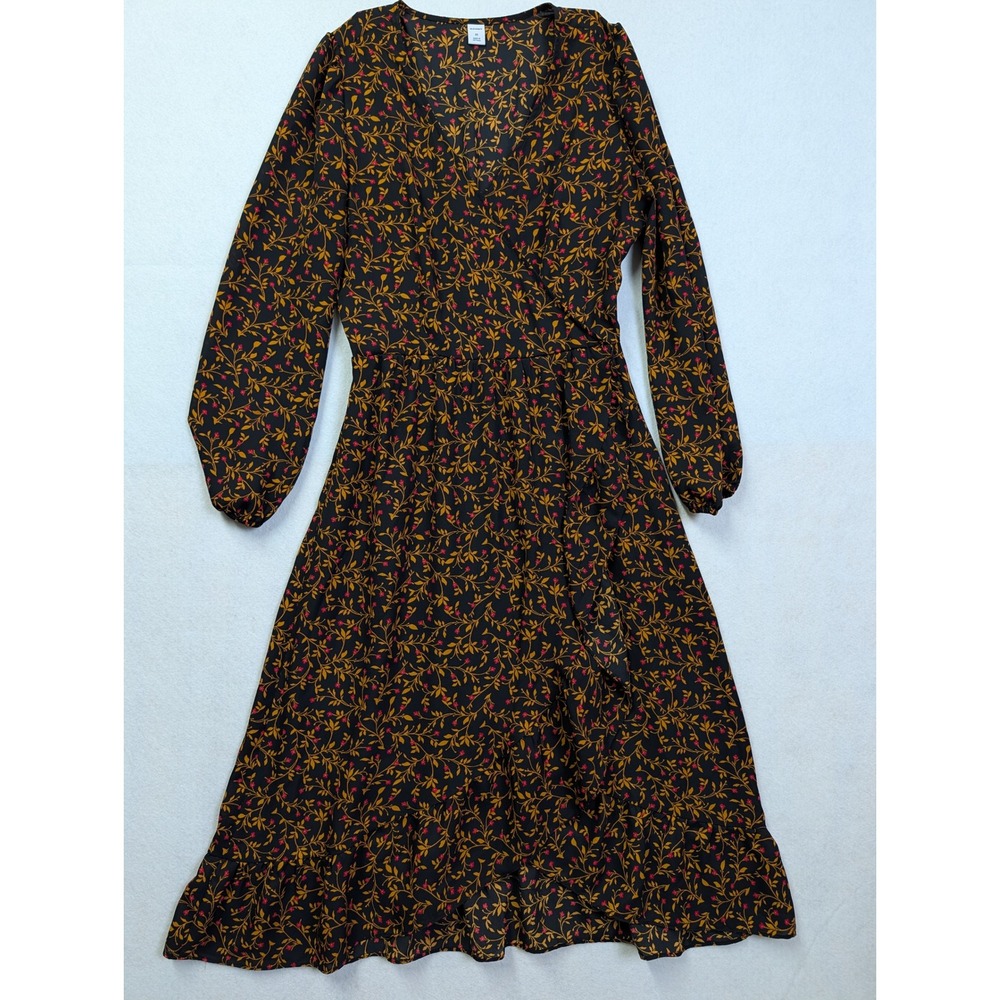 Old Navy Womens Faux Wrap Midi Dress XS Long Sleeve Floral Ditsy Black
